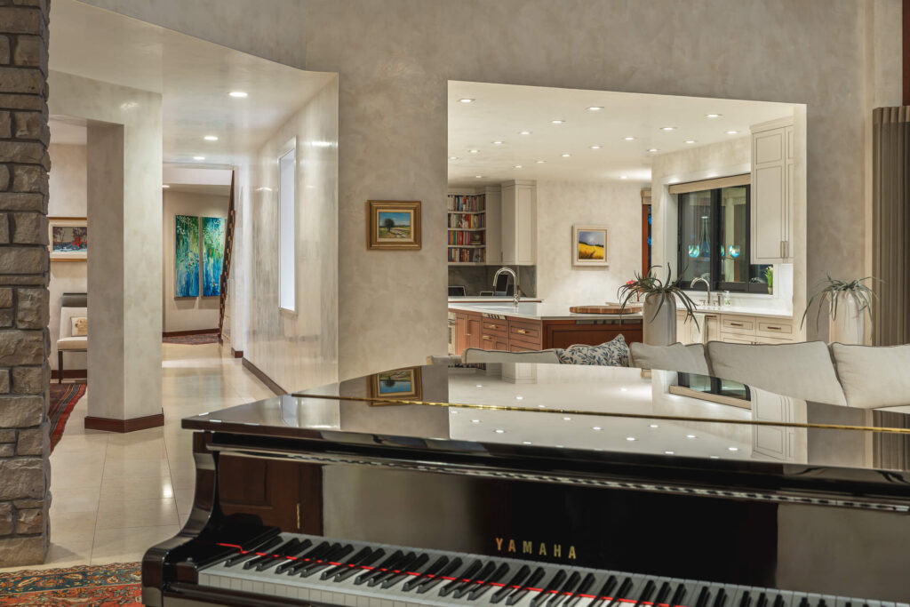 Artisan hand troweled Italian Marmorino plaster on interior family room walls inside a luxury Austin Texas residence.